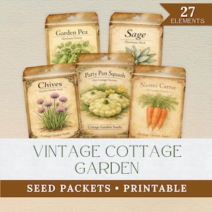 Puede incluir: Una colección de sobres de semillas de estilo vintage con ilustraciones de verduras y hierbas de jardín. Los sobres incluyen "Garden Pea", "Sage", "Chives", "Patty Pan Squash" y "Nantes Carrot". También se ve el texto "Vintage Cottage Garden" y "Seed Packets • Printable".