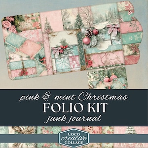 Kit folio de Noël rose pour journaux indésirables, impressions de chutes de tissu des fêtes vert menthe, éphémères shabby chic, scrapbooking numérique