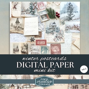 Vintage Winter Postkarte Ephemera Mini Kit - 3, Junk Journal Papiere, Winter in Frankreich Digitale Collage, bedruckbare Seiten, Cottagecore Ästhetik