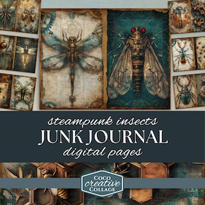 Steampunk Insects Junk Journal Pages, Dragonfly Ephemera, Mechanical Bugs Scrapbook Papers, Entomology Ephemera, Steam Punk Craft Supplies