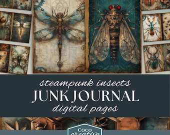 Steampunk Insects Junk Journal Pages, Dragonfly Ephemera, Mechanical Bugs Scrapbook Papers, Entomology Ephemera, Steam Punk Craft Supplies