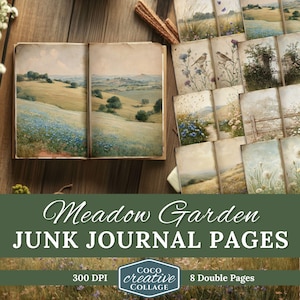 Kit de diário de jardim Meadow Garden, páginas florais digitais, papel botânico vintage para impressão, materiais para scrapbooking da natureza, flores de verão, campos