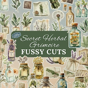 Secret Herbal Grimoire Fussy Cuts, Wydrukowane botaniczne efemerydy, Naklejki na dziennik śmieci, Butelki aptekarskie vintage, Mikstury, Pamiętnik czarownicy, Zioła