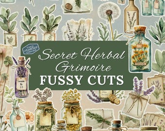 Secret Herbal Grimoire Fussy Cuts, Printable Botanical Ephemera, Junk Journal Stickers, Vintage Apothecary Bottles Potions Witch Diary Herbs