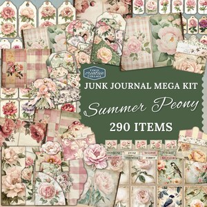 May include: A collection of vintage-style paper ephemera for junk journaling, featuring floral designs with peonies in shades of pink, cream, and green. The kit includes tags, envelopes, and patterned papers. Text on the image reads "Junk Journal Mega Kit Summer Peony 290 Items."