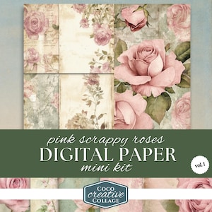 Pink Rose Scrappy Papers, Vintage Floral Digital Download, Shabby Chic Junk Journal Craft Supplies, Antique Collage Scrapbook Paper