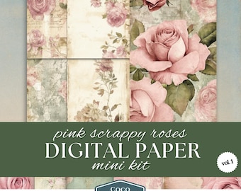 Pink Rose Scrappy Papers, Vintage Floral Digital Download, Shabby Chic Junk Journal Craft Supplies, Antique Collage Scrapbook Paper