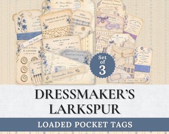 Dressmaker's Larkspur Loaded Pocket Tags | Printable Junk Journal Ephemera Set | Vintage Floral Sewing Digital