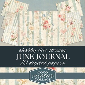 Floral Stripe Scrapbook Paper, Vintage Flower Junk Journal Kit, Decorative Shabby Chic Backgrounds, Vintage Wallpaper, Stripes with Flowers