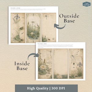 May include: A digital craft sheet featuring a tri-fold folio base design with vintage-style botanical illustrations of dragonflies, frogs, irises, and water lilies in muted earth tones. The layout includes text instructions and labels for outside and inside base assembly.