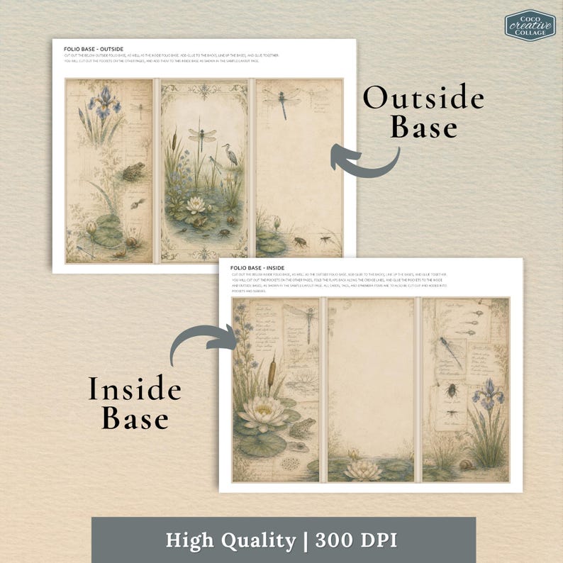 May include: A digital craft sheet featuring a tri-fold folio base design with vintage-style botanical illustrations of dragonflies, frogs, irises, and water lilies in muted earth tones. The layout includes text instructions and labels for outside and inside base assembly.