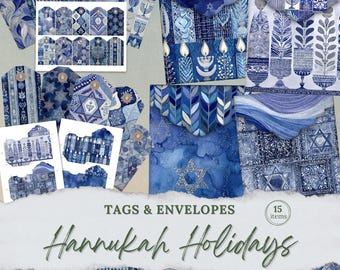 May include: A collection of blue and white Hanukkah-themed tags and envelopes. The designs include menorahs, Stars of David, and other holiday motifs. The text "TAGS & ENVELOPES" and "Hanukkah Holidays" are visible. The image contains 15 items.
