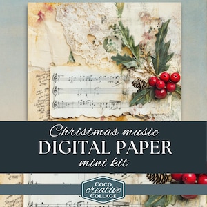Christmas Sheet Music Digital Paper Mini Pack, 3 Vintage Holiday Carols Junk Journal Pages, Mistletoe, Grunge, Digital Download