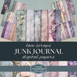 Può includere: Una collezione di carte digitali dall'estetica vintage. Le carte presentano disegni floreali e in pizzo in colori pastello come rosa, lavanda e blu. Il testo sull'immagine recita "lace scraps, JUNK JOURNAL, digital papers."