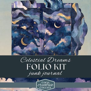 Könnte beinhalten: Ein Folio-Kit für ein Junk-Journal mit einem himmlischen Thema. Das Design zeigt eine Aquarellillustration eines Nachthimmels mit einem Halbmond, Sternen und Wolken in Blau-, Lila- und Goldtönen. Der Text "Celestial Dreams FOLIO KIT junk journal" wird angezeigt.