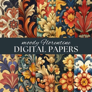 Puede incluir: Un conjunto de 10 papeles digitales con intrincados patrones florales en una paleta de colores melancólica. Los patrones están inspirados en el arte florentino y presentan colores dorados, rojos, azules y verdes.