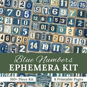 Kit de itens efêmeros para impressão, 160 etiquetas vintage com números azuis grunge, suprimentos para diário, papéis para colagem digital, steampunk, industrial