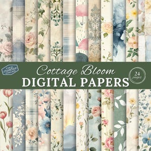 Cottage Garden Digital Papers, Spring Cottagecore Junk Journal Backgrounds, 24 Vintage Floral Scrapbook Sheets, English Roses, Shabby Chic