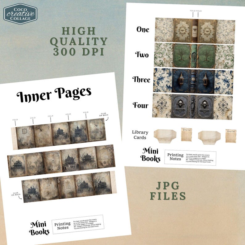 May include: Digital collage sheet with the text "HIGH QUALITY 300 DPI" and "Inner Pages". The sheet includes images of miniature books, library cards, and the text "Mini Books" and "JPG FILES".