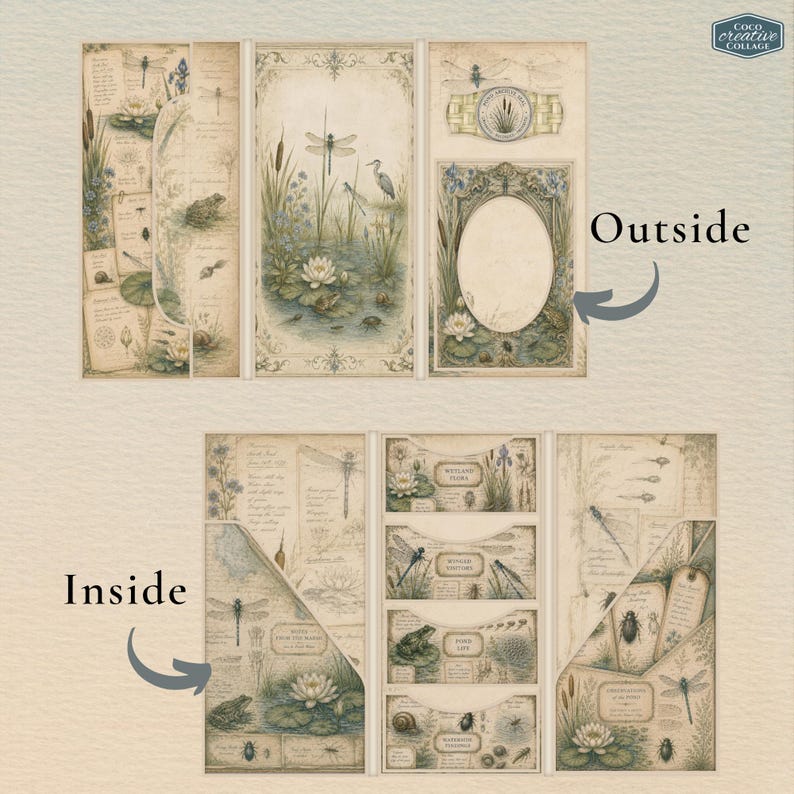 May include: A tri-fold paper folio featuring botanical and pond life illustrations in muted earth tones. The outside displays a pond scene with a heron, dragonfly, and oval frame. The inside reveals multiple pockets labeled with text.