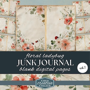 Pagine del diario Ladybug Junk Journal Vol. 2, download digitale stampabile, disegni floreali colorati minimalisti, perfetti per scrapbooking, tema giardino