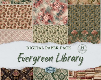Evergreen Library Digital Paper Pack – 24 Winter Dark Academia Backgrounds, Vintage Bookish Scrapbook Printables