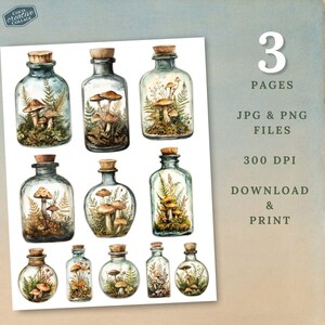 Digital Fussy Cuts: Three printable pages featuring intricately designed mushroom bottles, ideal for creating stunning layouts in junk journals and scrapbooks.