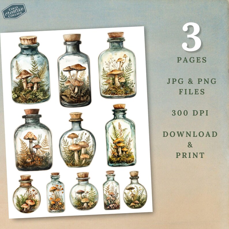 Digital Fussy Cuts: Three printable pages featuring intricately designed mushroom bottles, ideal for creating stunning layouts in junk journals and scrapbooks.