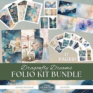 Dragonfly Dreams Folio Kit Bundle, Junk Journal Fantasy Ephemera, Printable Enchanted Cards Tags Pockets Panels, Dragon Fly Fussy Cuts