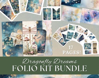 Dragonfly Dreams Folio Kit Bundle, Junk Journal Fantasy Ephemera, Printable Enchanted Cards Tags Pockets Panels, Dragon Fly Fussy Cuts