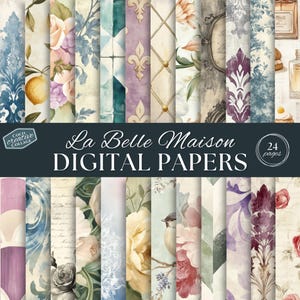 Pack de papier numérique vintage maisons françaises, imprimés La Belle Maison, téléchargement numérique shabby chic, maison de campagne, aquarelle, toile