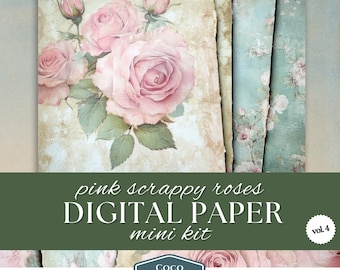 Scrappy Pink Roses Papers, Vintage Floral Digital Download, Shabby Chic Junk Journal Craft Supplies, Antique Collage Scrapbook Paper, Summer