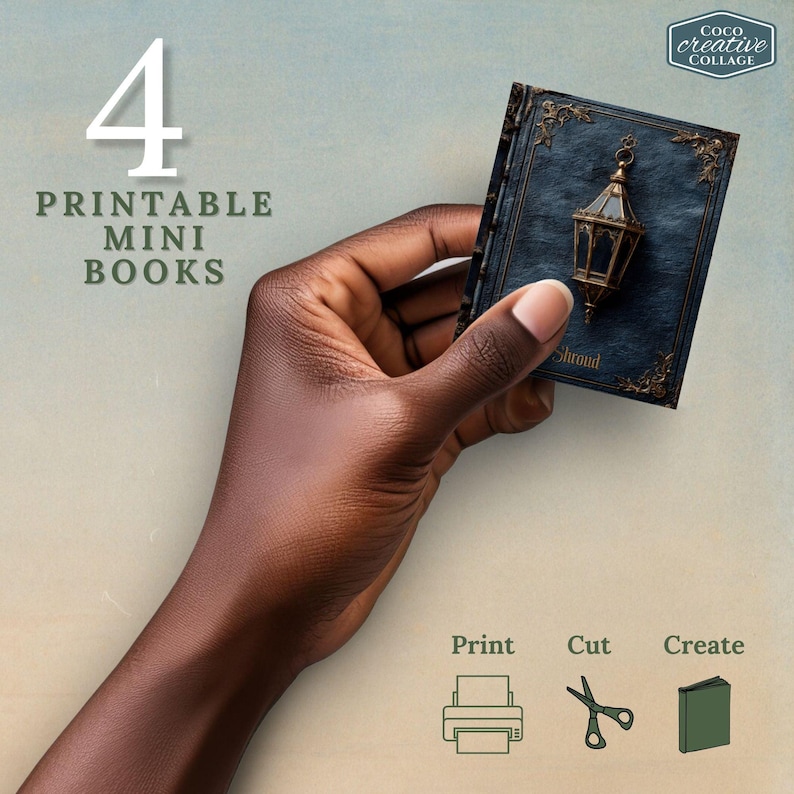 May include: A miniature blue book with gold accents and a lantern charm is held against a gradient background. The text reads "4 Printable Mini Books." Icons for printing, cutting, and creating are also shown.