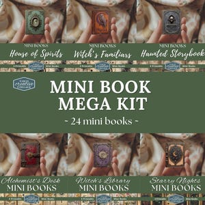 Utskrivbart dockhus minibok mega kit, läskigt bibliotek skräpdagbok miniatyrpyssel kit, Halloween DIY digital efemera häxkonst scrapbook