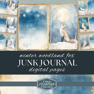 Kit de journal numérique Le renard dans la neige, 8 papiers indésirables renards des bois d'hiver, album de scrapbooking numérique, papier mignons animaux aquarelles, imprimable dans la neige