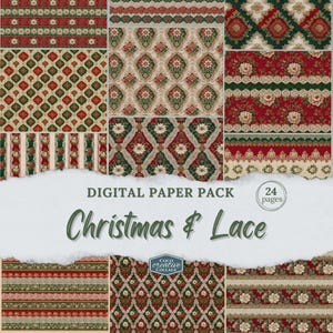 May include: A digital paper pack featuring various Christmas-themed patterns. The designs include floral, lace, and geometric motifs in red, green, and cream colors. The text "Christmas & Lace" is displayed, along with "24 pages".
