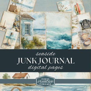 Coastal Summer Printable Junk Journal Kit with 8 Watercolor Scrapbook Pages, Seaside Beach Collage
