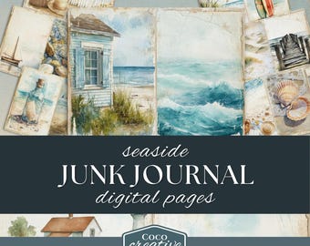 Coastal Summer Printable Junk Journal Kit with 8 Watercolor Scrapbook Pages, Seaside Beach Collage
