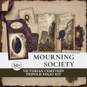 May include: A Victorian-themed trifold folio kit titled Mourning Society with 50+ pieces. The kit features dark purple and cream paper ephemera, including a Memories booklet, cemetery register, funeral notices, and a cameo, all with gothic imagery.