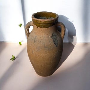 Turkish Terracotta vase, Turkish Olive Jar, Rustic, Glazed Pottery, Vintage Vase, Primitive Jug, Wabi Sabi Vase, Home Gift, Historic Vessel