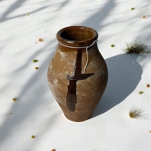 Turkish Terracotta vase, Turkish Olive Jar, Rustic, Glazed Pottery, Vintage Vase, Primitive Jug, Wabi Sabi Vase, Home Gift, Historic Vessel