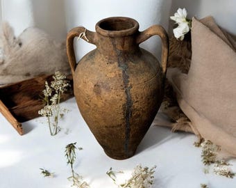 Turkish Terracotta Vase: Rustic Glazed Pottery, Wabi Sabi Home Decor