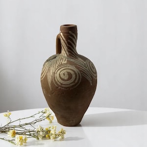 Turkish Terracotta vase, Turkish Olive Jar, Rustic, Glazed Pottery, Vintage Vase, Primitive Jug, Wabi Sabi Vase, Home Gift, Historic Vessel