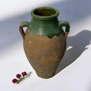 Glazed Handmade 1960s Vintage Turkish Terracotta Vase, Vintage Pottery Clay Flower Pot, Vintage Vase For Home Decor, Glazed Vase, Home Vase