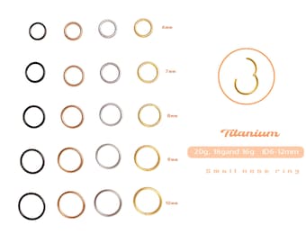May include: Five rows of nose rings in black, rose gold, silver, and gold. Each row has six rings in different sizes from 6mm to 10mm. The text "Titanium 20g, 18gand 16g ID6-12mm Small nose ring" is below the rings.