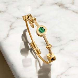 Trendy Stainless Steel Letter Charm Bangle - Gold-Plated Cuff Bracelet, Stylish Everyday Jewelry Gift for Women