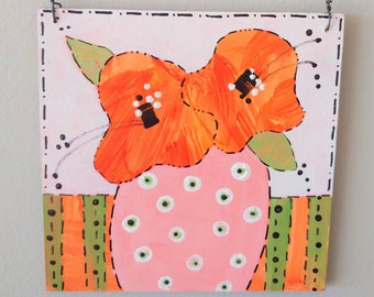 Original Acrylic Painting, Whimsical Painting, Orange Flowers, Art, Hanging Art, Free Shipping