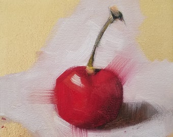 Original Oil Painting, Cherry on White on Gold Leaf, Kitchen Art, Food Art, Small Format Art, Mini Painting, Cherry Painting, Free Shipping