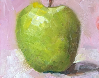 Original 5 x 5 Peinture à l’huile, Pomme verte sur fond rose, Art de cuisine, Art de la nourriture, Livraison gratuite