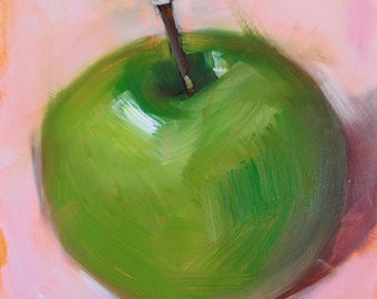 Original 4 x 4 Oil Painting, Green Apple on Pale Pink, Apple Painting, Kitchen Art, Food Fine Art, Free Shipping